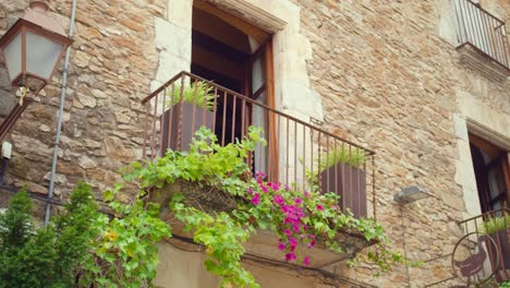 panorámica a través de un balcón de estilo europeo medieval con una gran ventana abierta y hermosas flores
