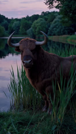 a majestic bovine animal standing by a calm lake at dusk.