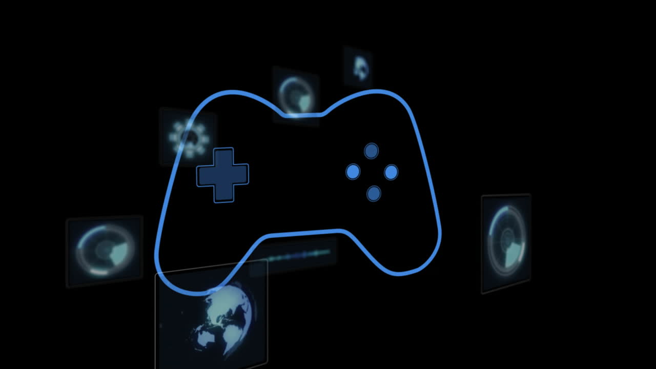 Animation of glowing game controller with digital icons floating in dark background
