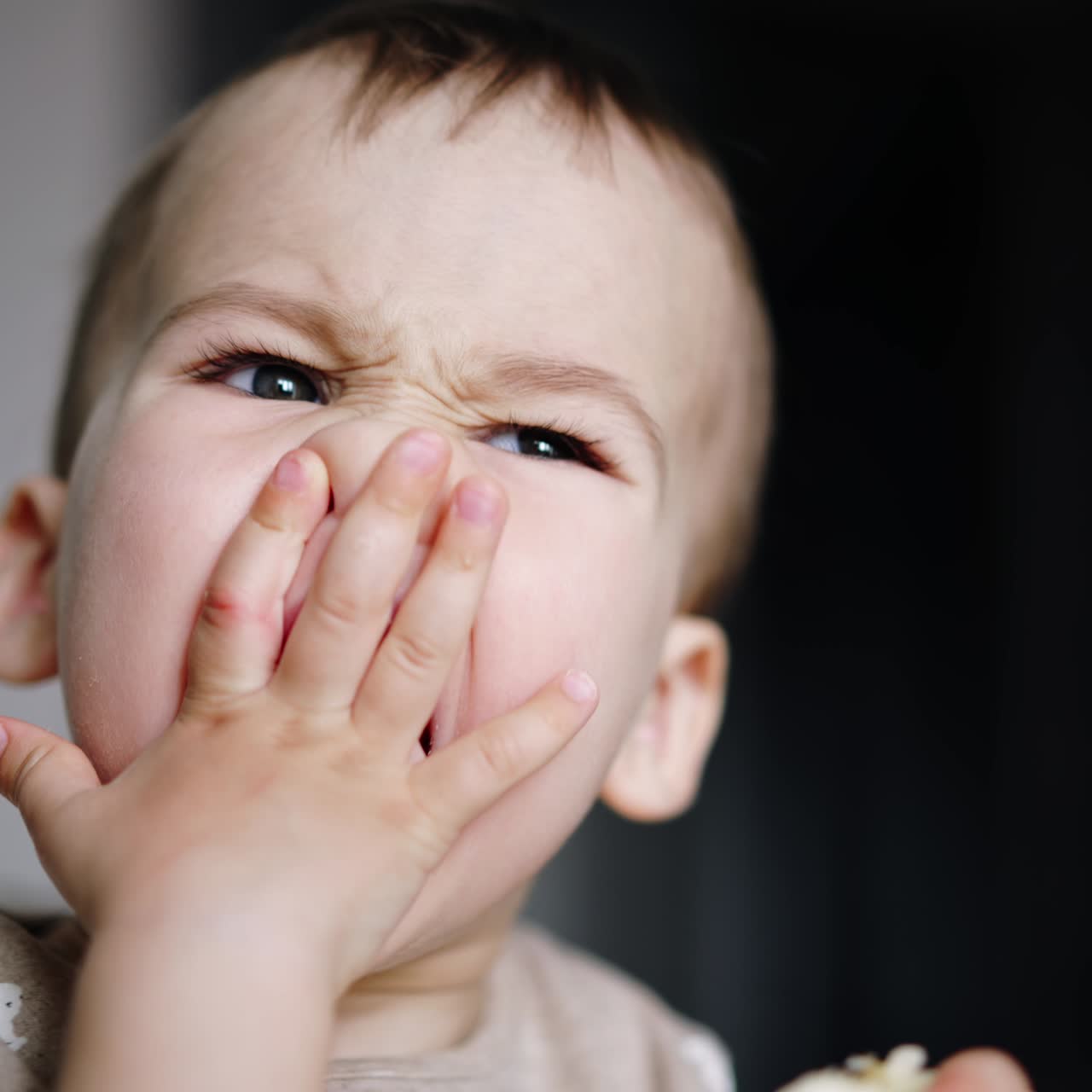Cute baby boy stuck a piece of cookie into mouth. Toddler tries hard to chew the biscuit as he's got banana in hand to eat next. Close up. Blurred backdrop