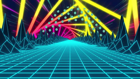 animation of 3d model of mountains on grid pattern over multicolored tunnel