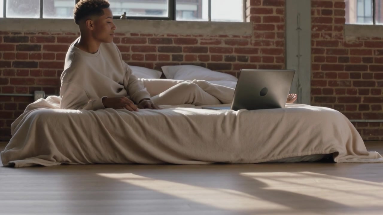 Reaching man in beige loungewear opening laptop on low bed in sunlit loft to work