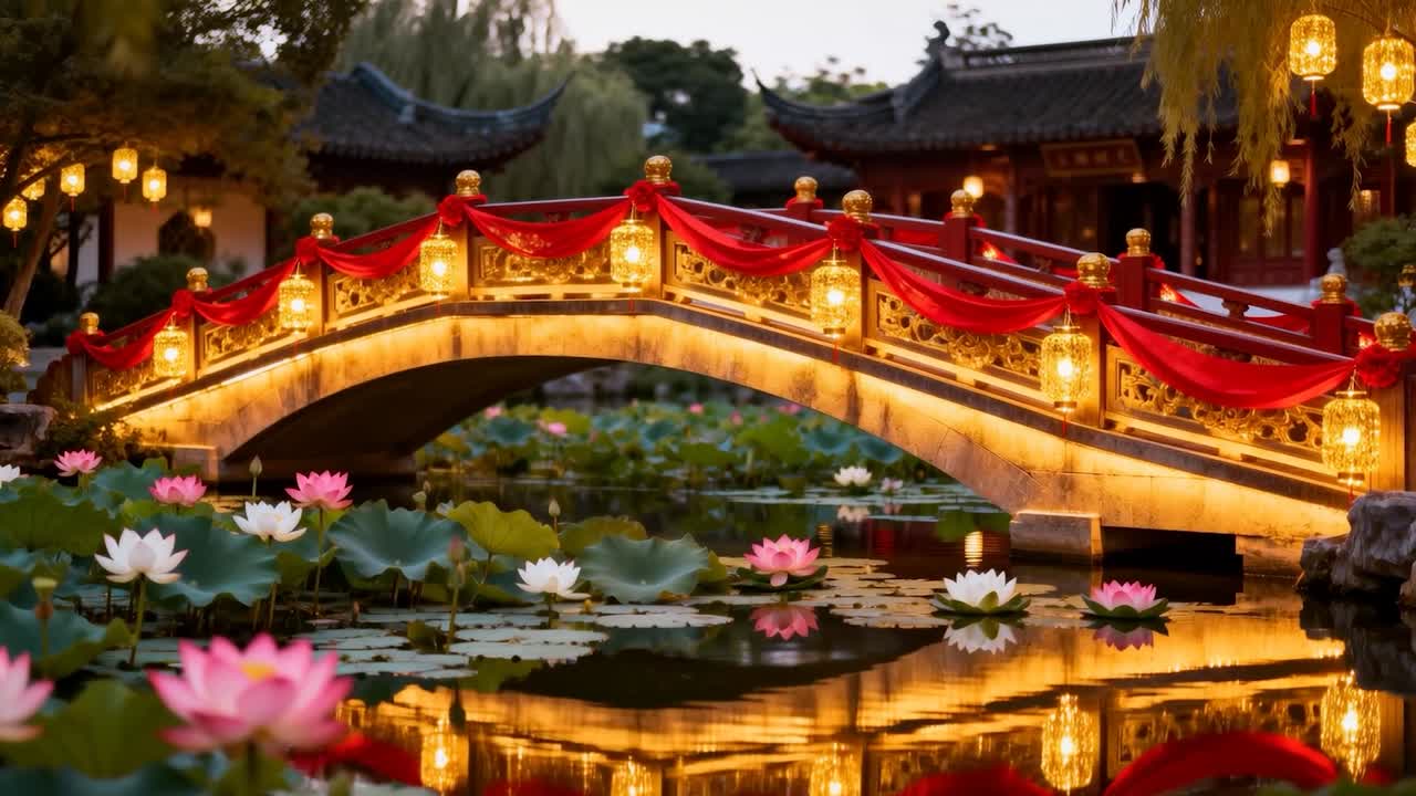 Canh khung máy quay cho thấy cầu hình vòm vào buổi tối để làm nổi bật ánh sáng đèn lồng, драпери đỏ và hoa sen