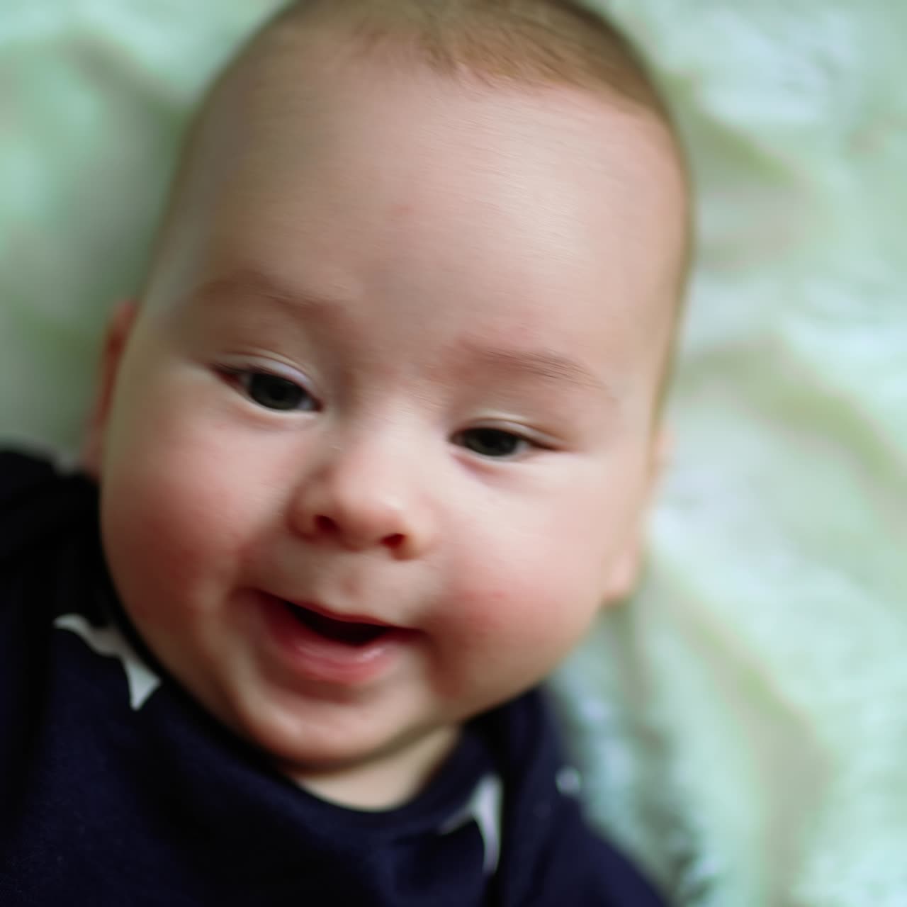 Beautiful infant boy with plump rosy cheeks lie on his back. Face of adorable toddler yawning sweetly. Close up