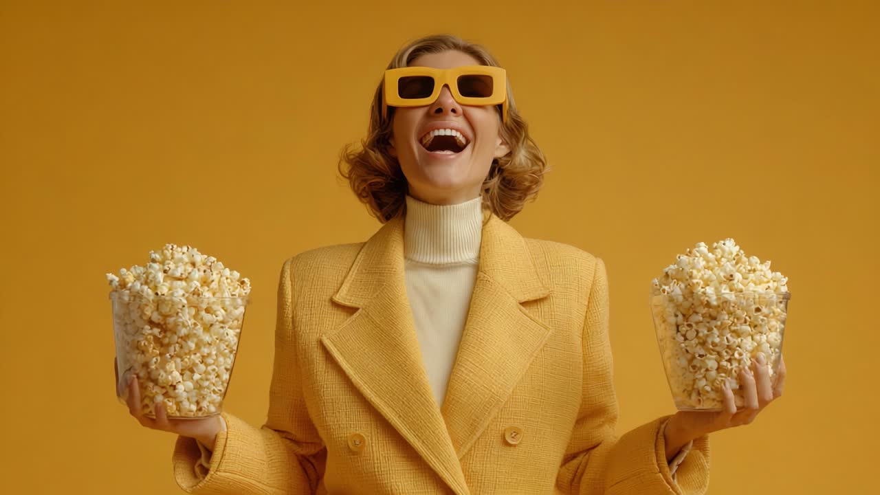 Una gioiosa celebrazione del cinema: donna in cappotto giallo e occhiali da sole tiene con entusiasmo secchielli di popcorn con uno sfondo giallo brillante che evidenzia l'atmosfera divertente.