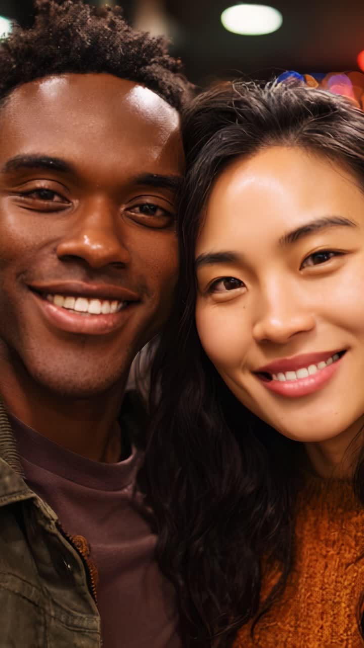 Joyful Smiles: A Heartwarming Moment Captured Between Two Friends Radiating Positivity and Connection in a Vibrant Atmosphere Full of Warm Lights