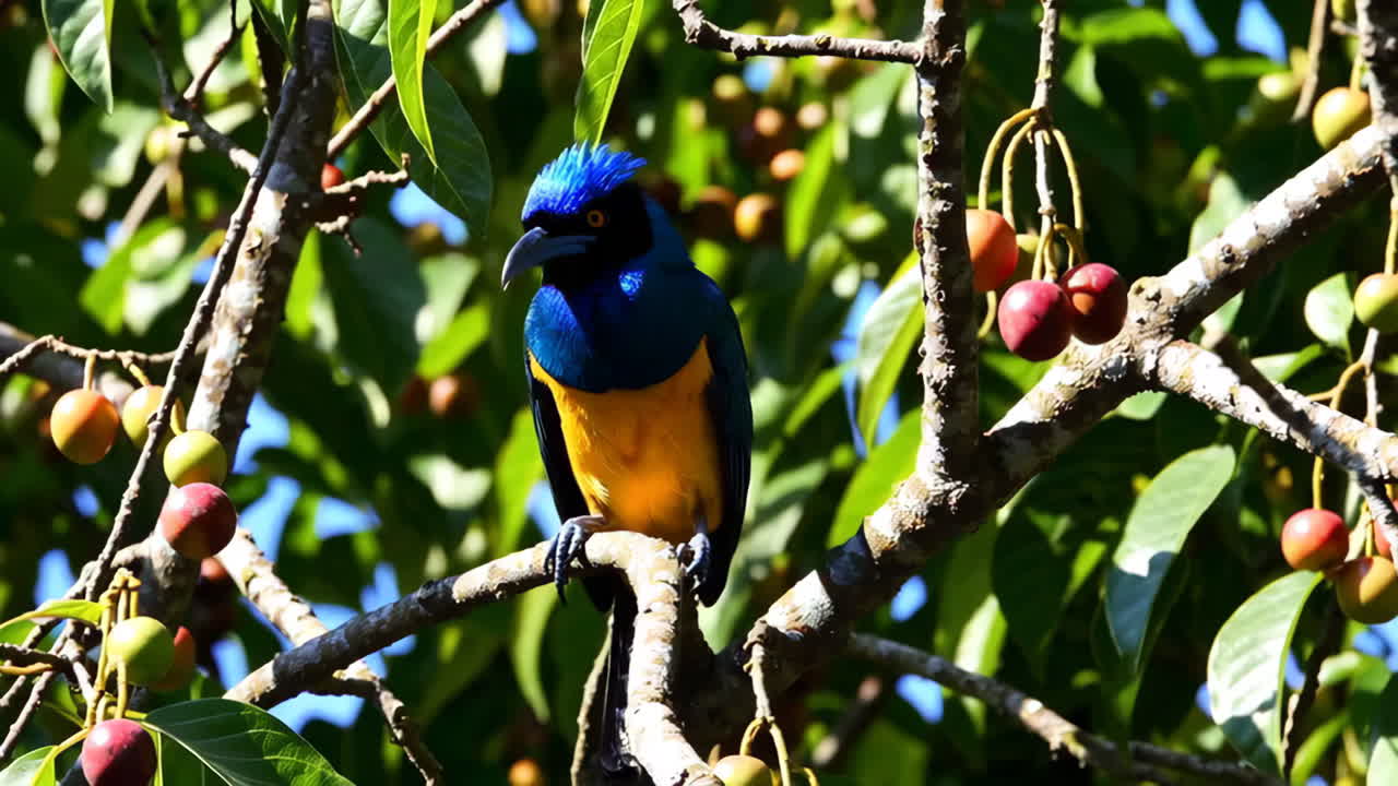 A Superb Starling Perched on a Berry Tree Branch