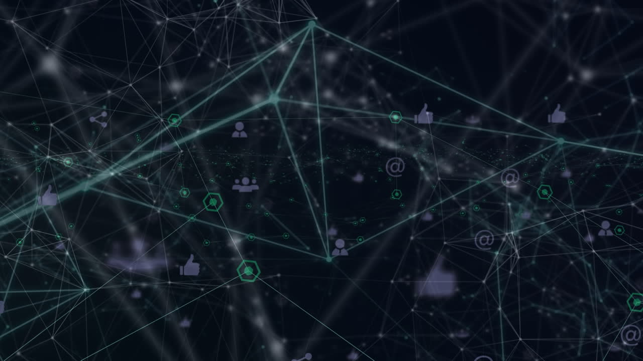 Animation of network of connections with icons on black background