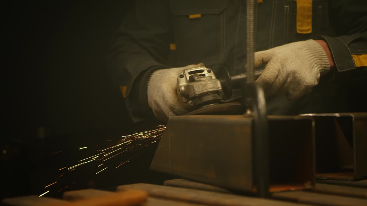 철을 는 노동자. 중공업 공장 인테리어: 많은 날카로운 불꽃을 가진 각 을 사용하는 노동자. 공장에서 강철 파이프를 는 전기 바. 느린 동작. 4k 비디오. 빨간색으로 촬영.