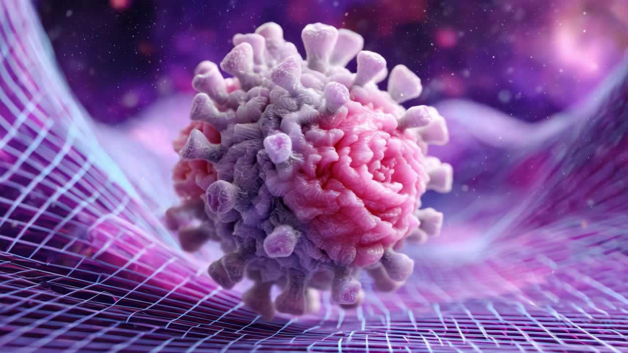 Close-up Visualization of a Coronavirus: Intricate Structure and Colors Highlighted in a Cosmic Background, Showcasing its Unique Features and Biology