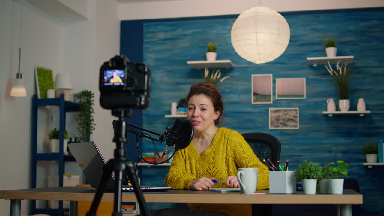 Influencer sitting at home vlog station