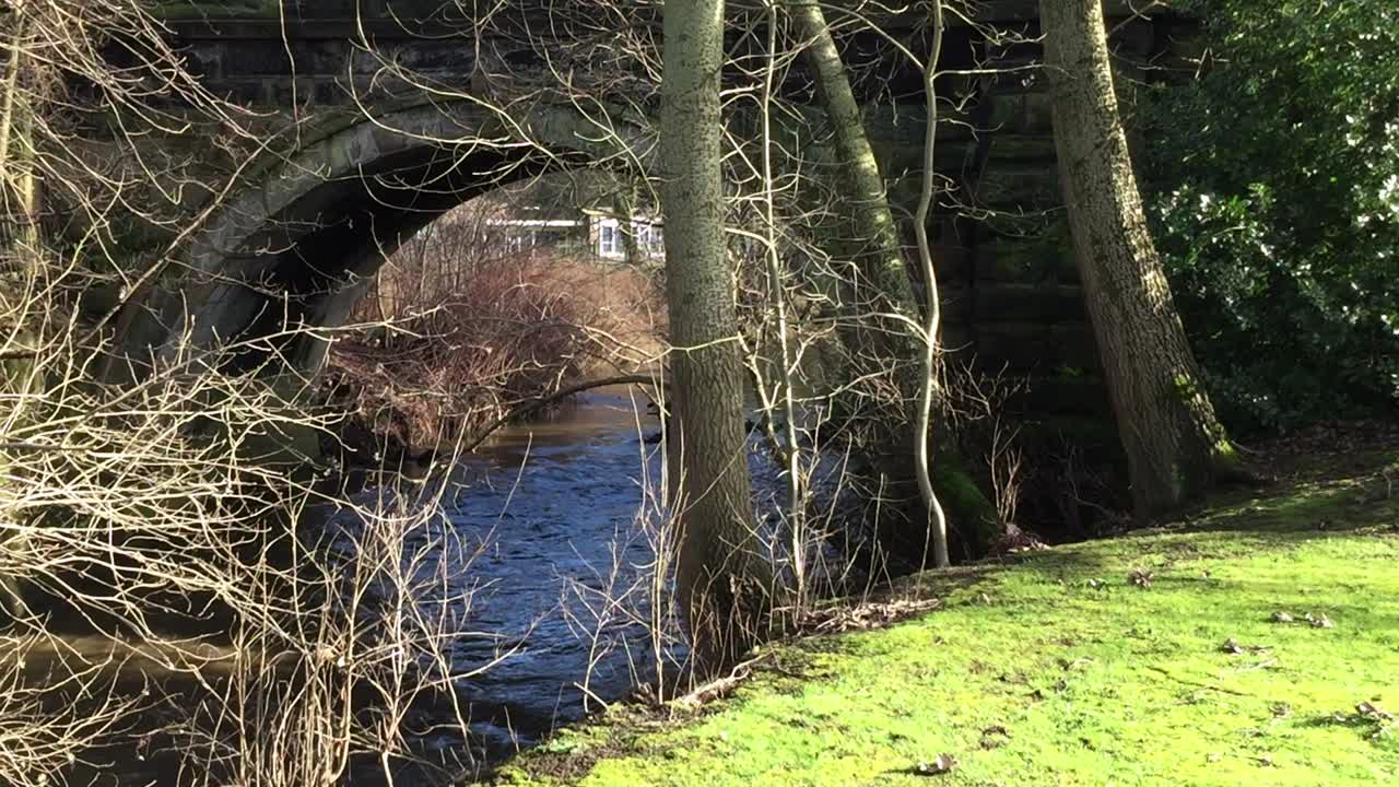 View of The River Bollin from the Memorial Gardens in Wilmslow, Cheshire, England, on a sunny winter’s day.