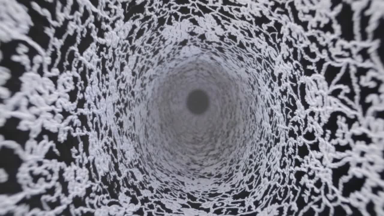 Abstract visual sequence showcasing intricate white patterns spiraling within a dark tunnel, illustrating depth and motion through a continuous flow of design elements