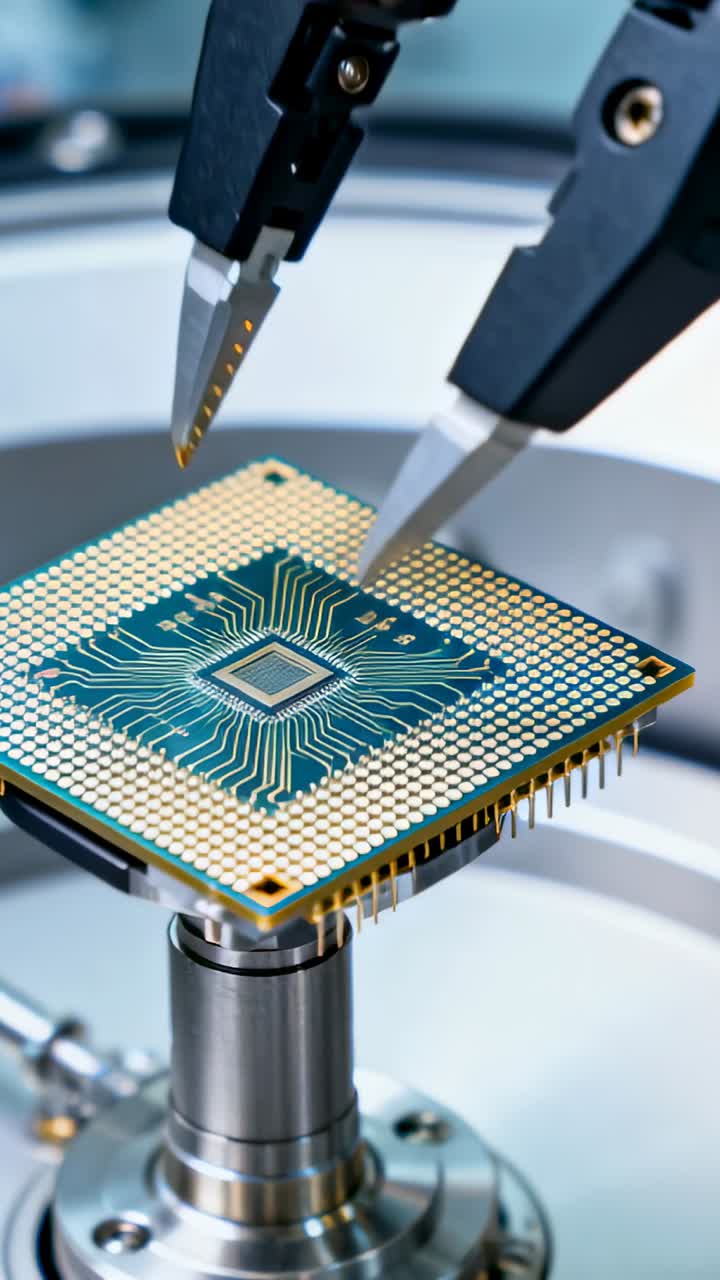 Video verticale: Avvio del test, sonde che scendono sul chip nel mandrino, a contatto con i pad dorati per il test