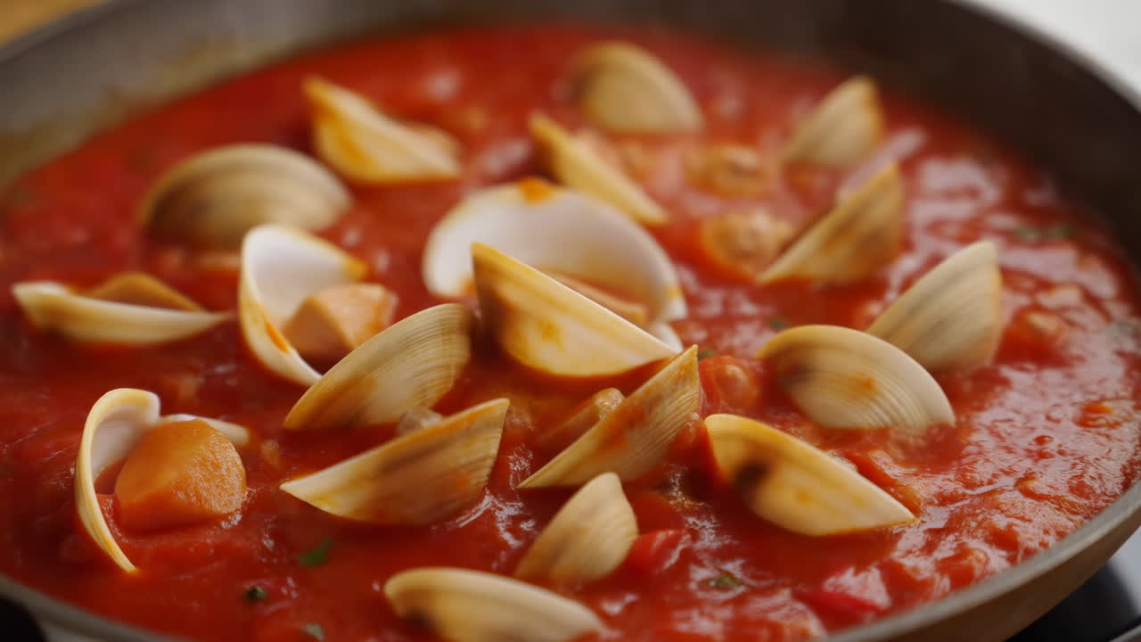 Apertura di deliziose vongole durante la cottura nel sugo di pomodoro