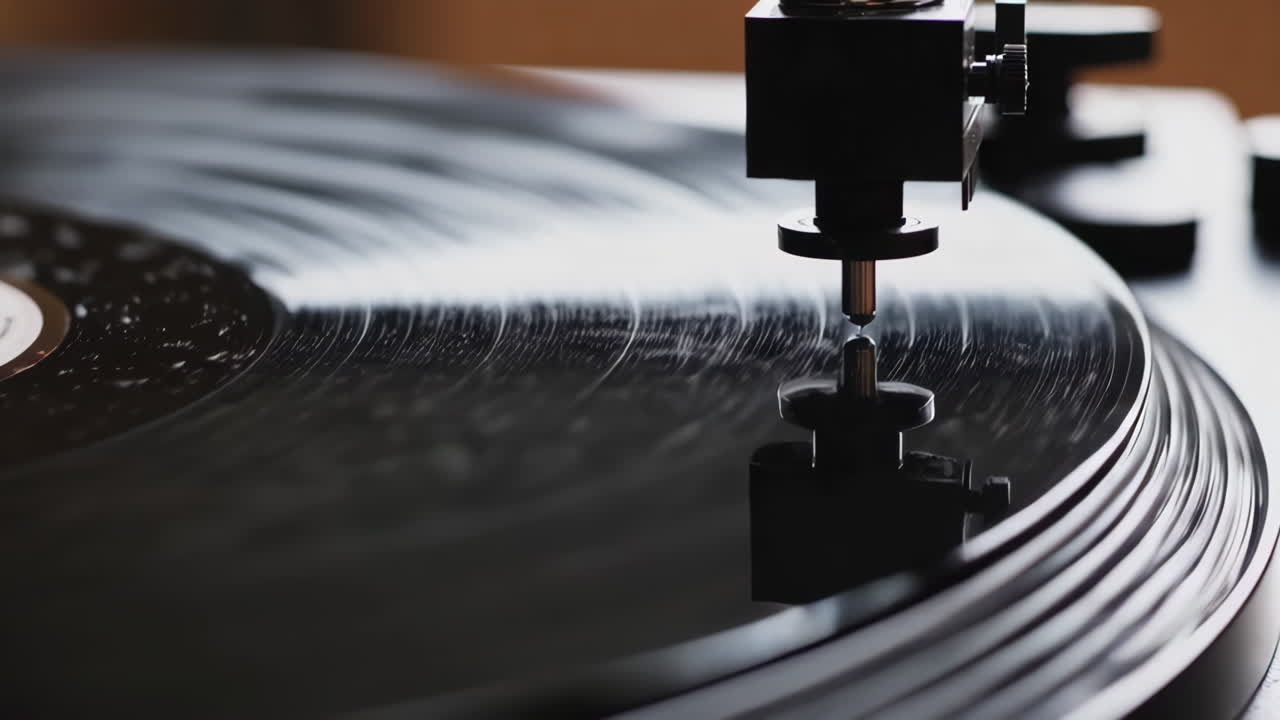 Close-up of a vinyl record playing on a turntable