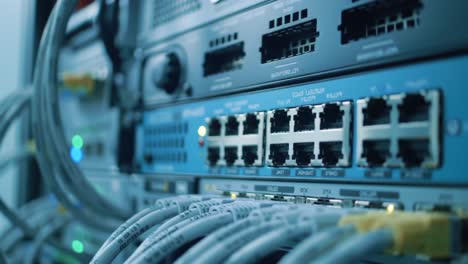 intricate network infrastructure with multiple ethernet connections, showcasing data transmission and electronic communication systems in a modern setup