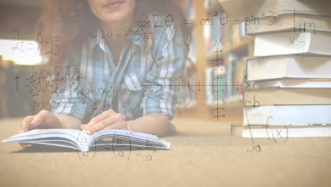 Animation-of-mathematical-equations-over-female-student-studying-in-library