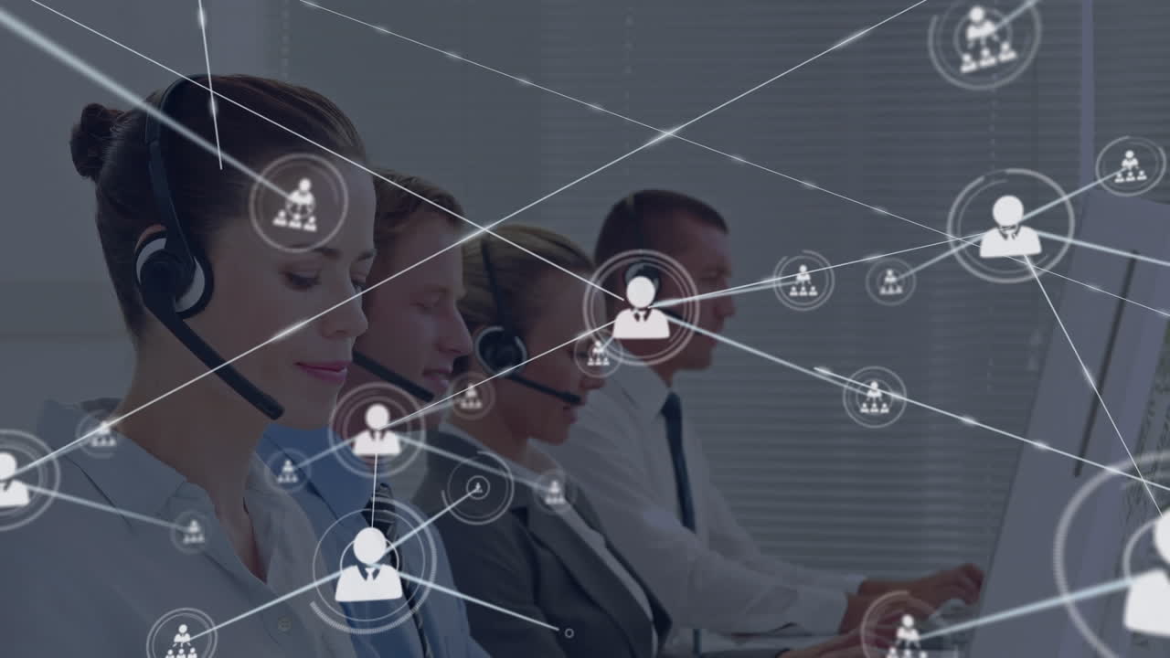 Animation of network of profiles over diverse colleagues wearing phone headsets working at office