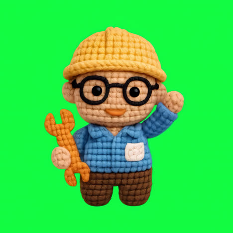 crochet worker doll with wrench animation isolated asset, transparent 4k video, alpha channel