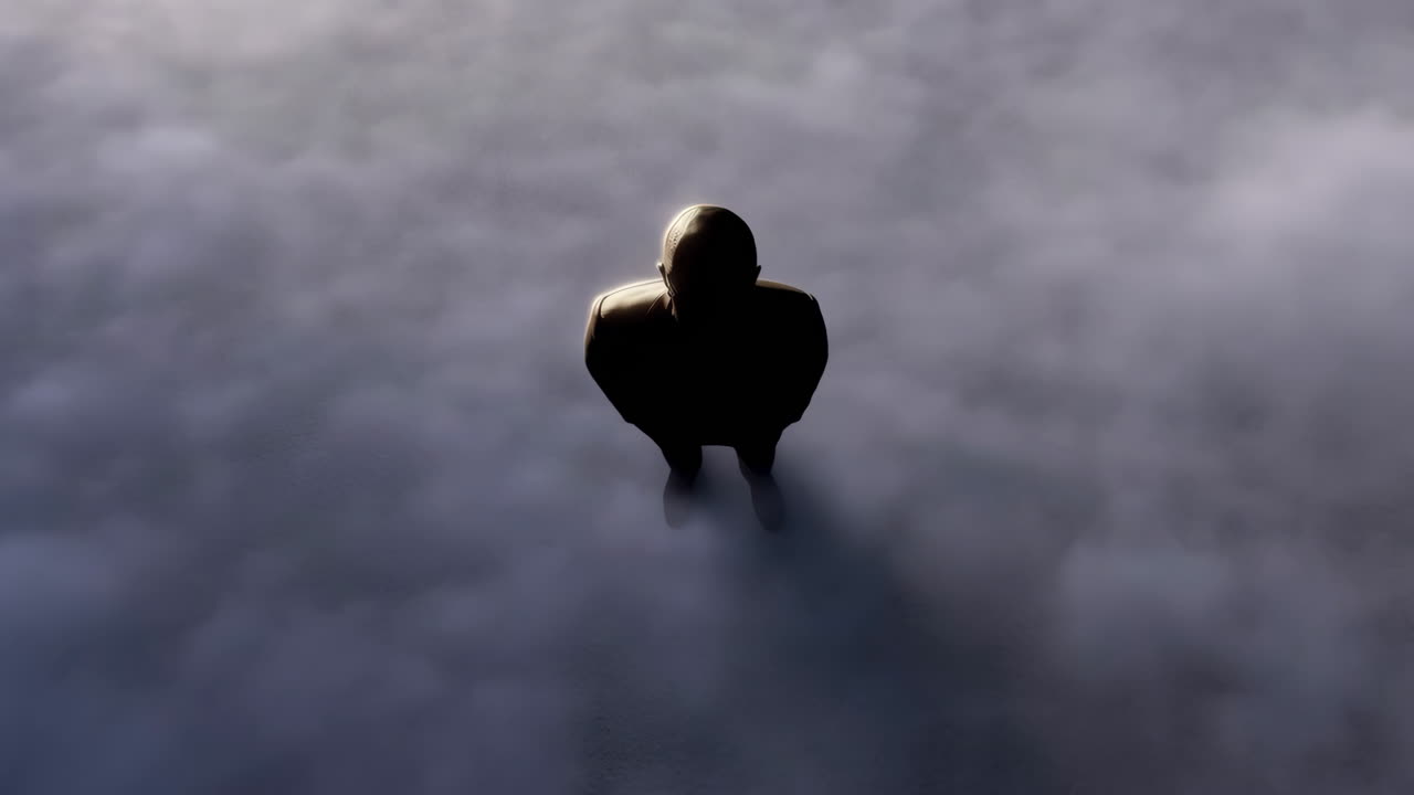 Lone Figure Silhouetted in Ethereal Mist from Above