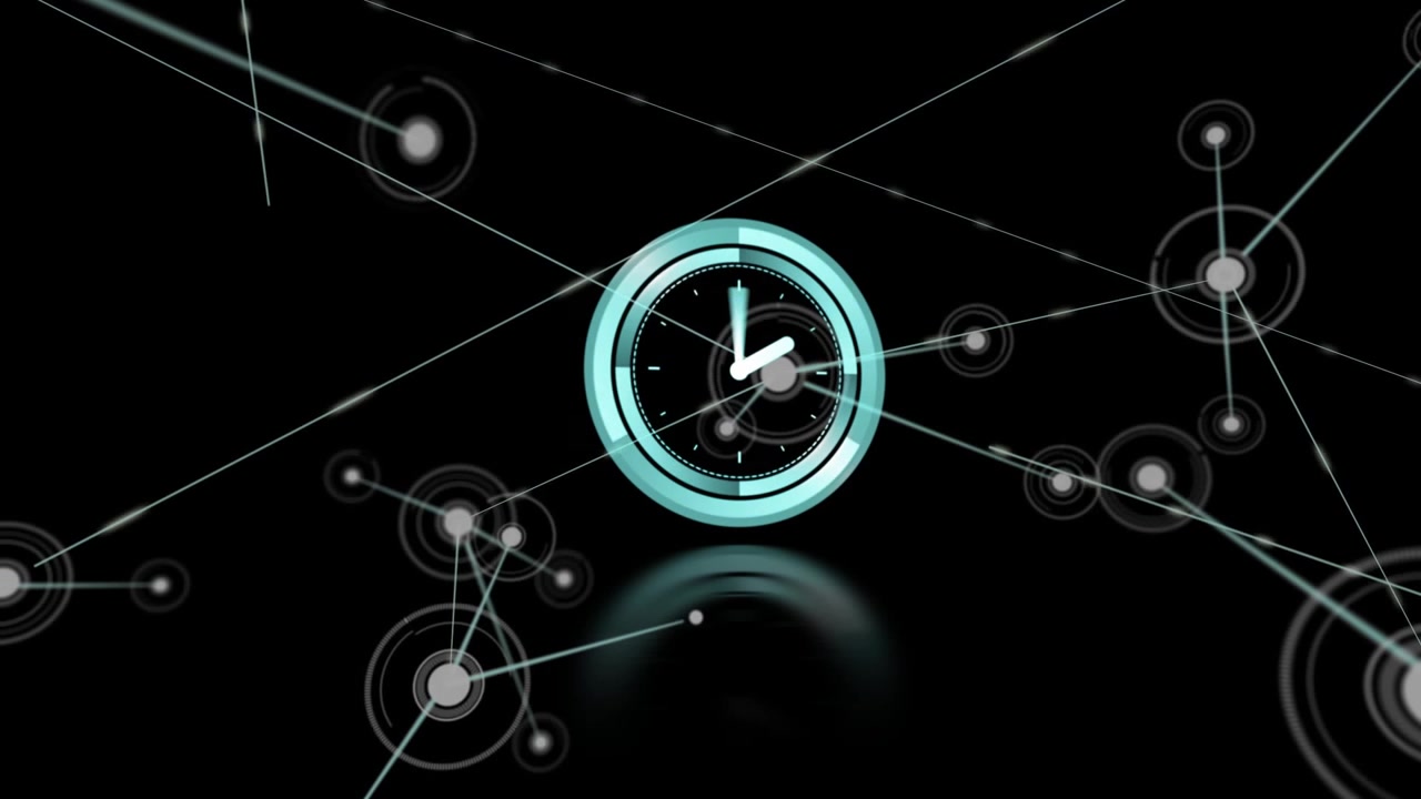 Orologio color ottanio che proietta un riflesso lucido mentre linee diagonali e nodi entrano, costruendo una rete tecnologica.