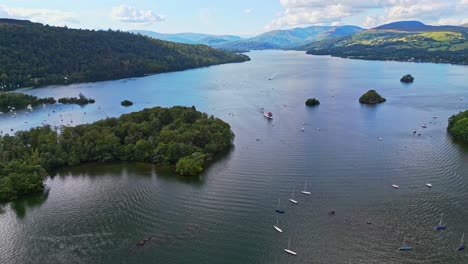 cinematic aerial view of bowness-on-windermere