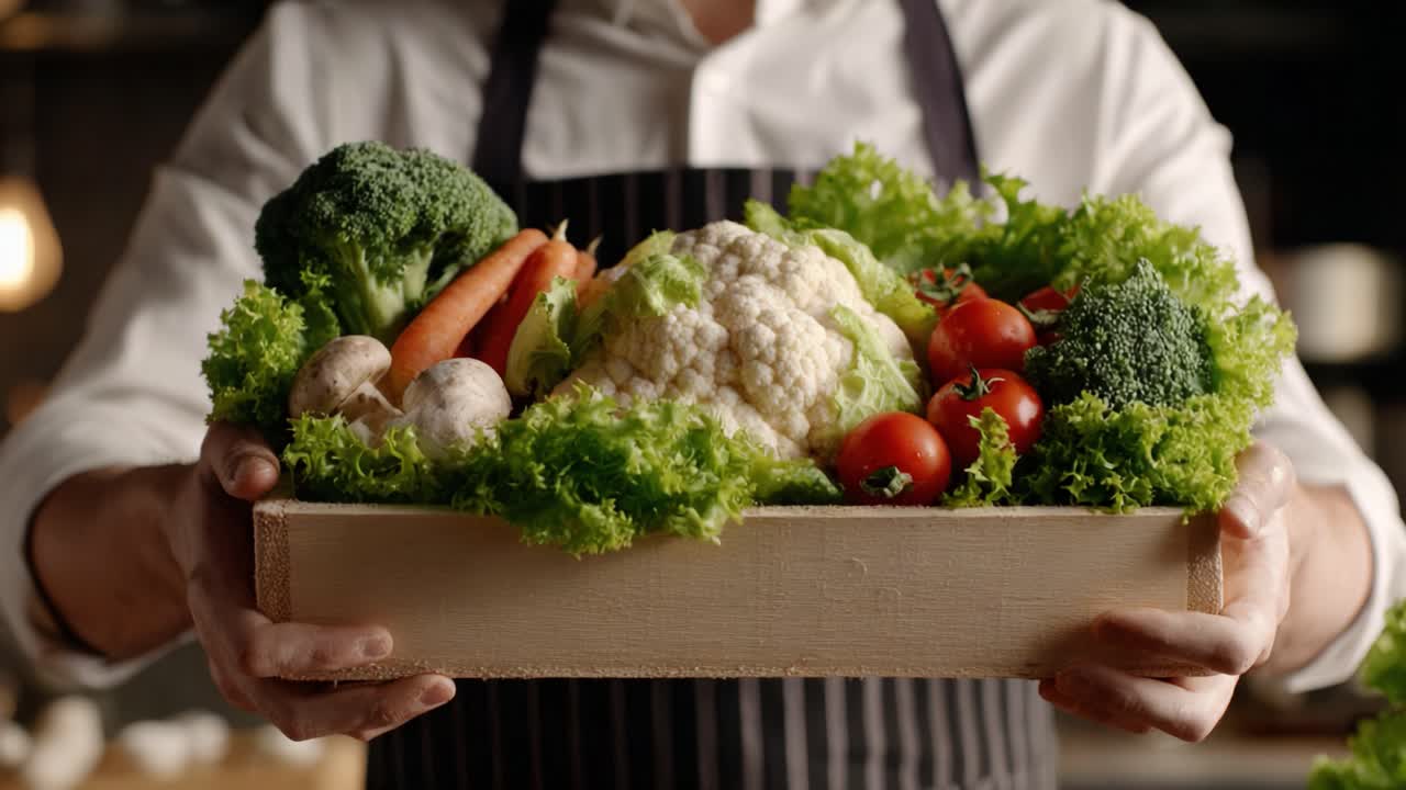 Freshly Harvested Vegetables Displayed by a Chef in a Wooden Box, Showcasing Organic Produce Full of Color and Nutritional Value, Perfect for Healthy Meals