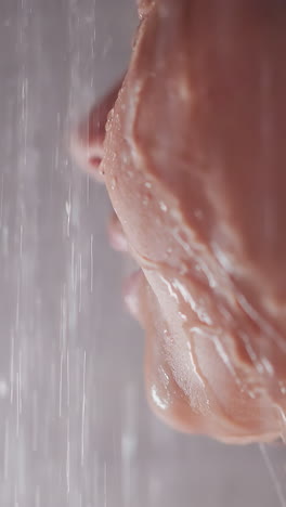 water runs down face of young woman in shower. lady with earnings takes pleasant shower. woman stands in shower feeling water flows down along face