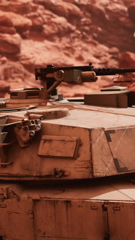 close-up of a military tank in a desert environment