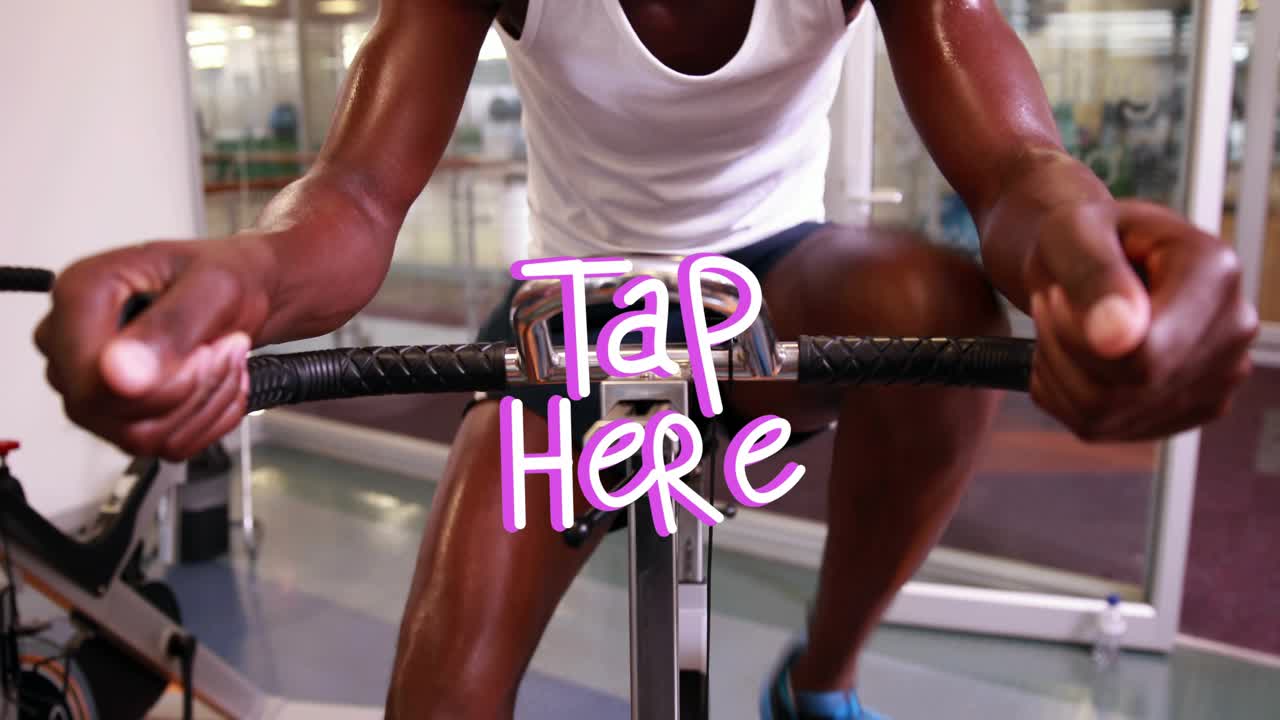 Man rowing, gripping bars on rower, Tap Here graphic pulsing, causing neon console glow for fitness