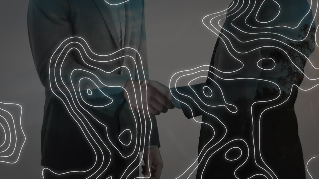 Animation of white map lines over businessman handshake