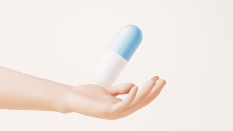 loop animation of medical pill in a hand, 3d rendering.