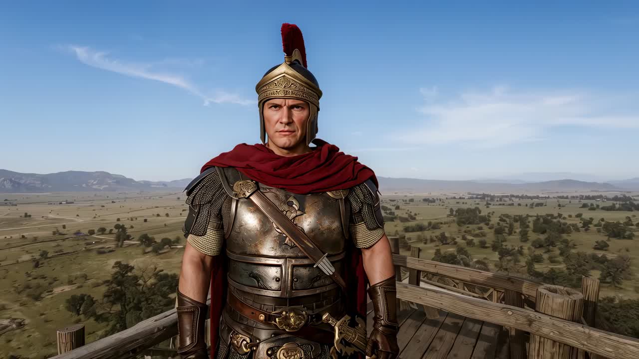 Scanning centurion turning head and shifting weight on lookout platform for duty, with red cloak