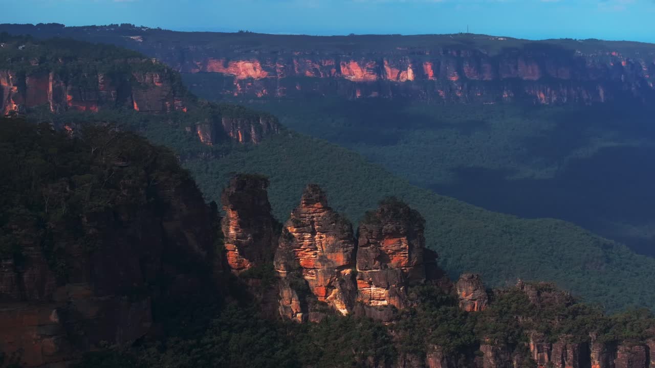 Three Sisters Echo Point Lookout cliff walk World Heritage National Park Blue Mountains parallax drone aerial Katoomba Sydney NSW Australia Gum Tree Eucalyptus Forest bluesky afternoon circle right