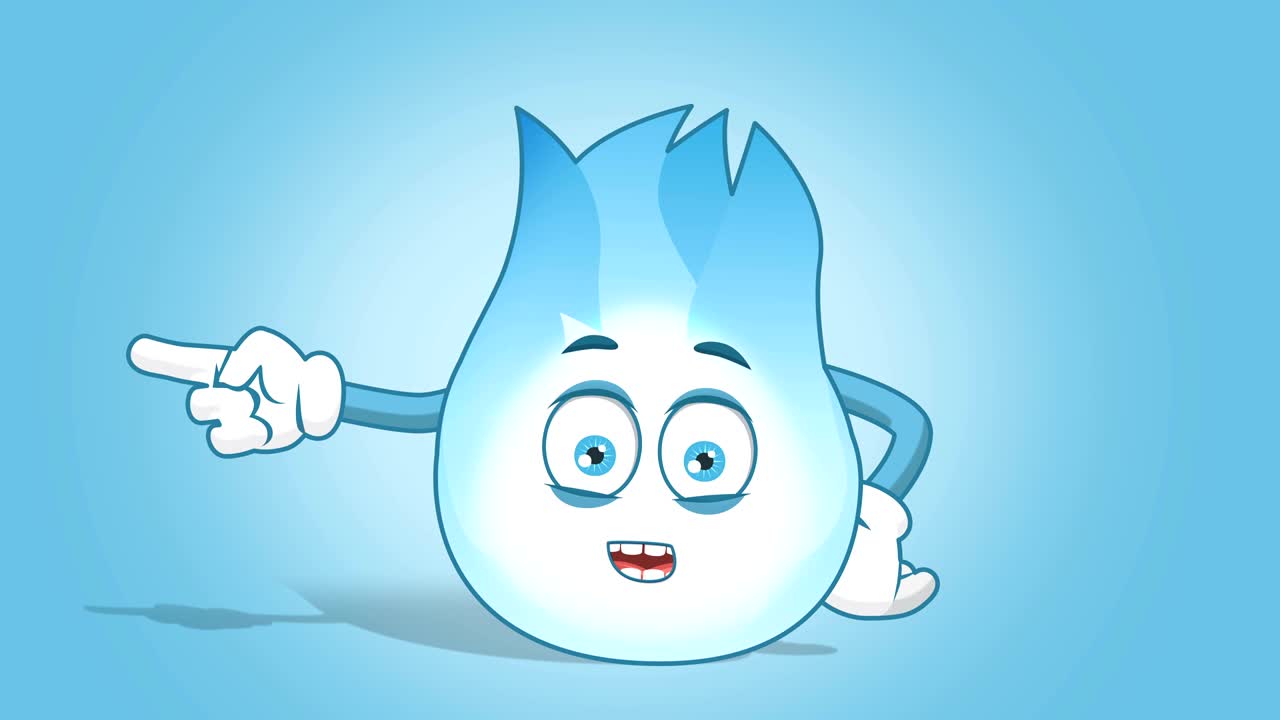 dibujos animados llama de gas feliz puntero izquierdo hablar con cara animación alfa mate