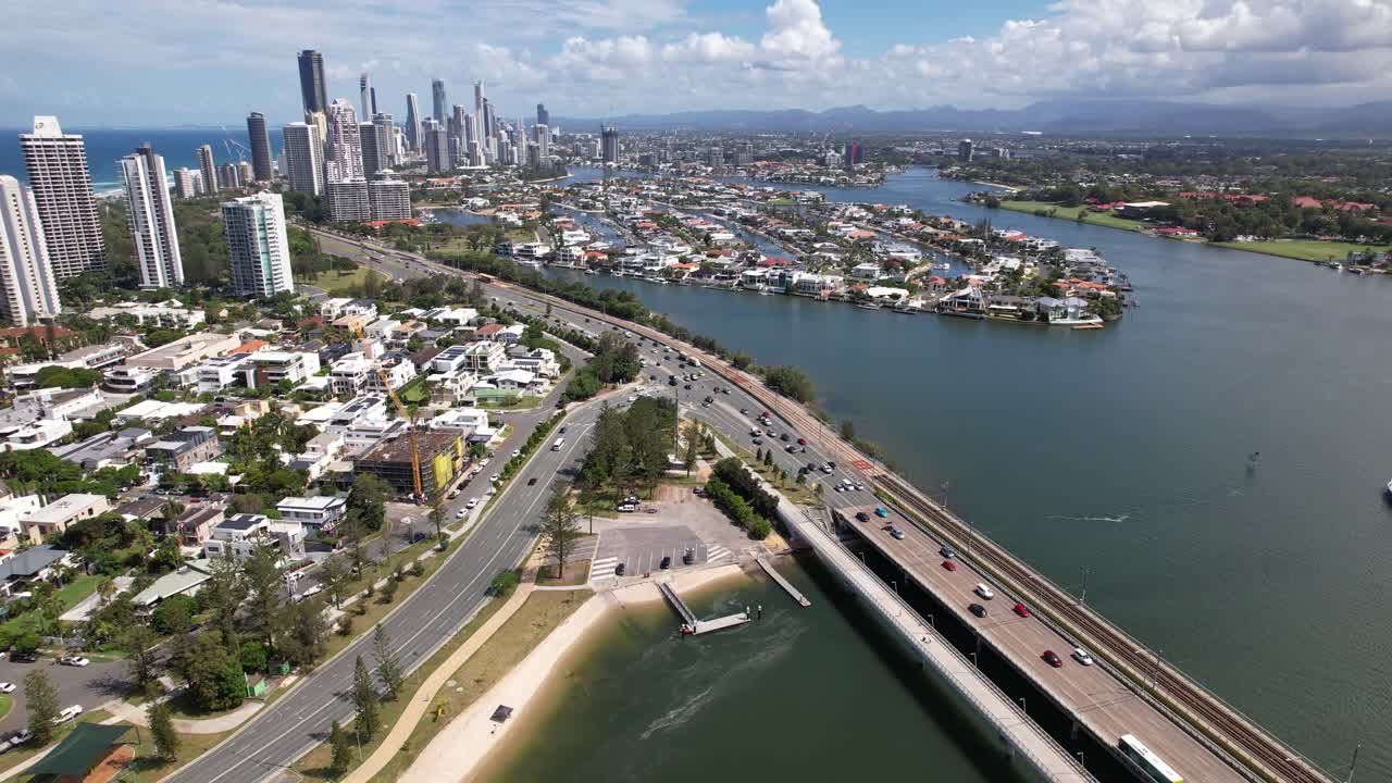 Aerial View Of Sundale Bridge, Gold Coast Hwy, Southport, QLD, Australia - Drone Shot