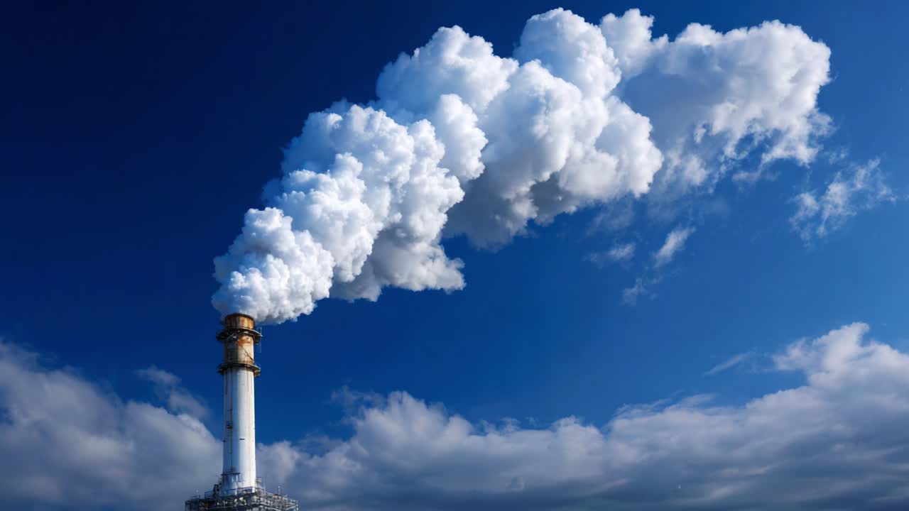 Smokestack emitting smoke against a blue sky