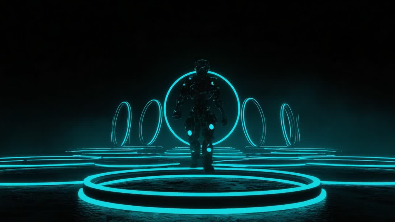 A futuristic scene features a lone figure in a sleek, metallic suit standing amidst glowing teal rings on a dark, misty background, evoking themes of exploration and advanced technology