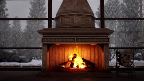 gemütlicher kamin mit schneebedecktem winterblick