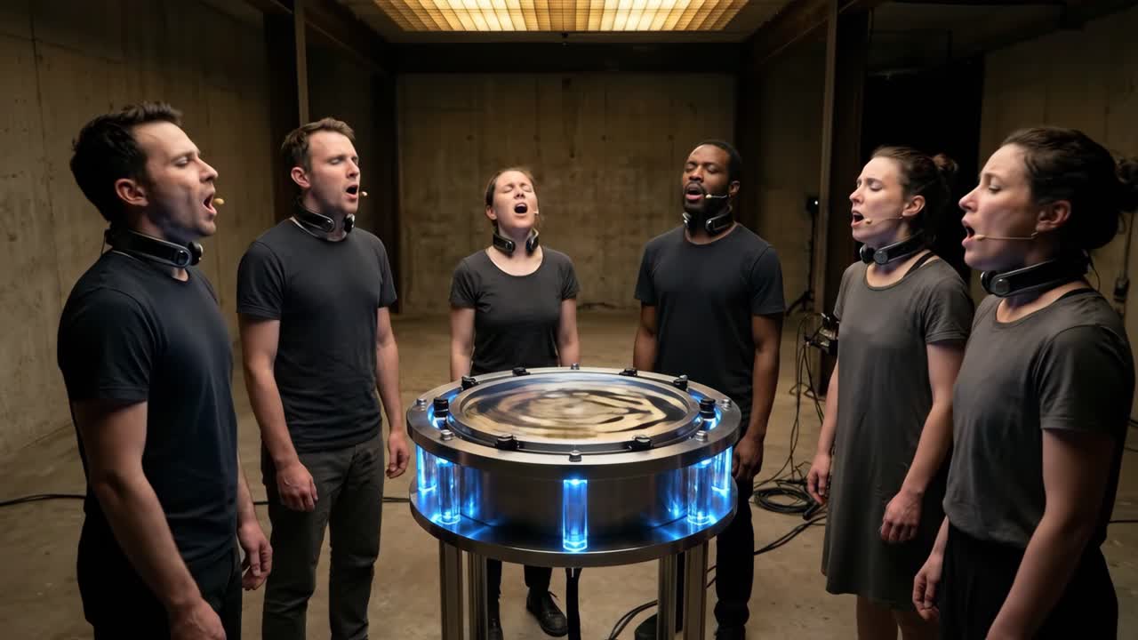 Gruppe mennesker synger inn i en futuristisk lydenhet med vannringer