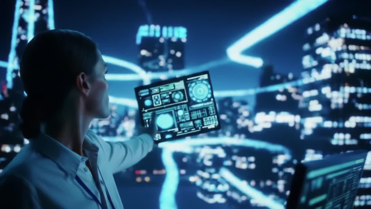 A Futuristic Vision: A Woman Engaged with Advanced Technology Amidst a Neon Cityscape, Highlighting Innovation and Connection in a Digital World