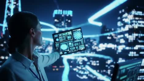 a futuristic vision: a woman engaged with advanced technology amidst a neon cityscape, highlighting innovation and connection in a digital world
