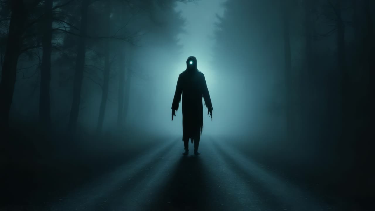 Mysterious figure emerges from foggy forest, creating an eerie atmosphere in the night