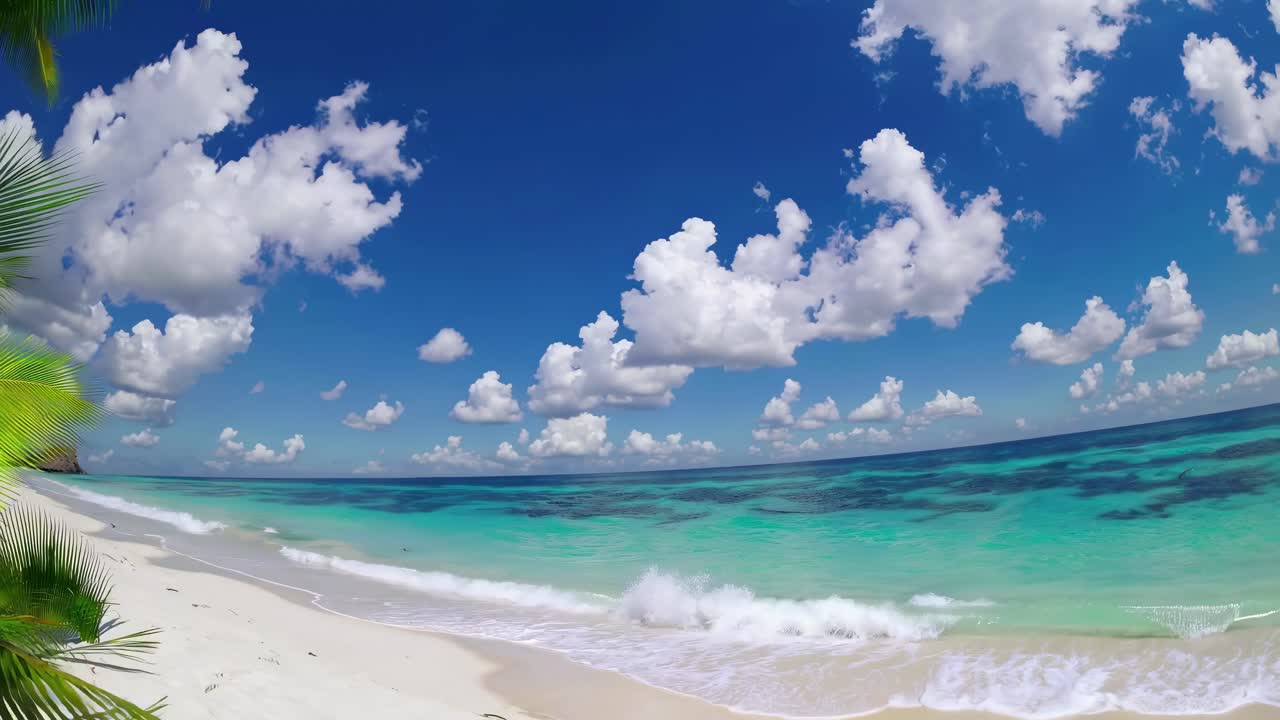 A wide-angle video shot of a pristine beach with turquoise waters and fluffy clouds