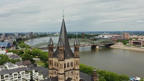 aerial view of dusseldorf church and rhine river