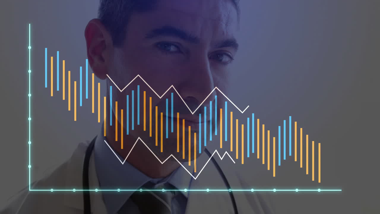 Male doctor analyzing health data in clinic, showing animated colorful bar charts and line graph