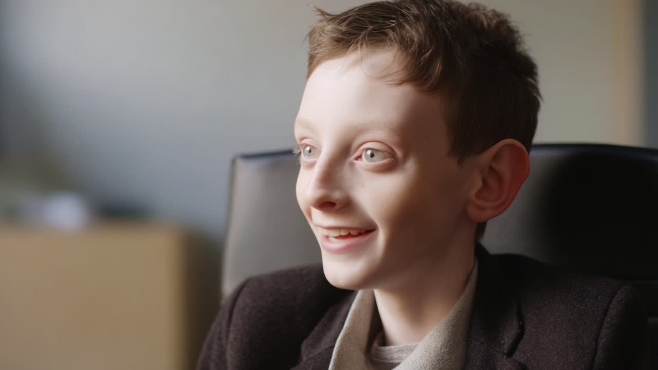 A young boy with unique features displays a range of emotions in a thoughtful conversation, showcasing curiosity and joy while seated indoors, highlighting a moment of connection