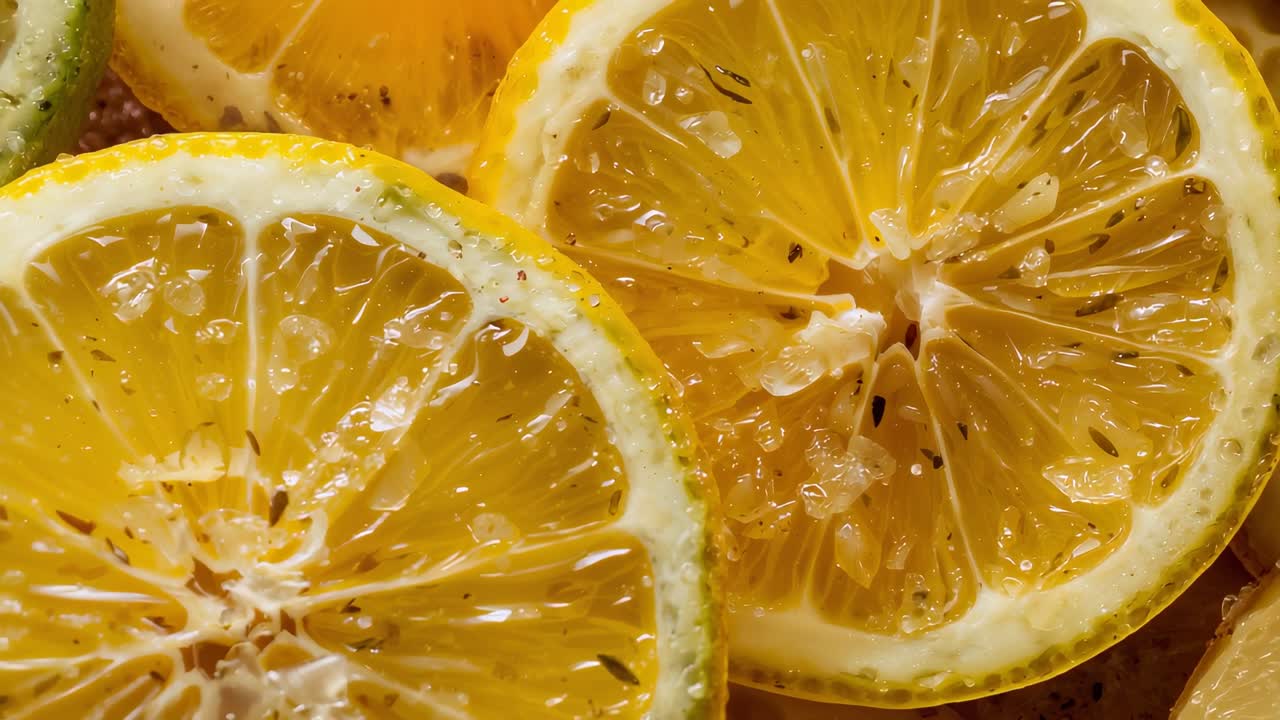 Kayan kamera, bir tahta üzerindeki istiflenmiş narenciye dilimlerini gösteriyor, doku için ıslak meyve suyu damlacıkları ortaya çıkıyor.