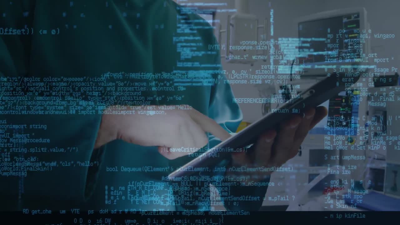 animación del procesamiento de datos sobre el médico utilizando tableta y cuadrícula